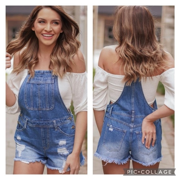 KanCan Distressed Short Overalls Size M Medium Wash - Picture 1 of 8